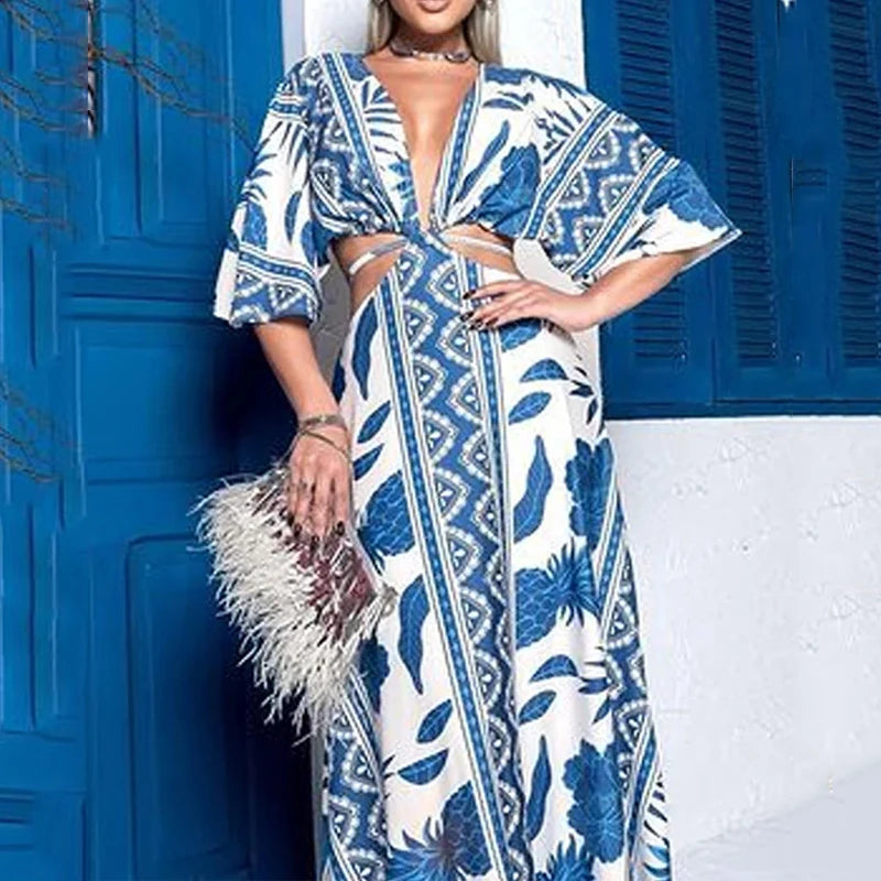 Vestido Estampa Oriental Com Decote Safira