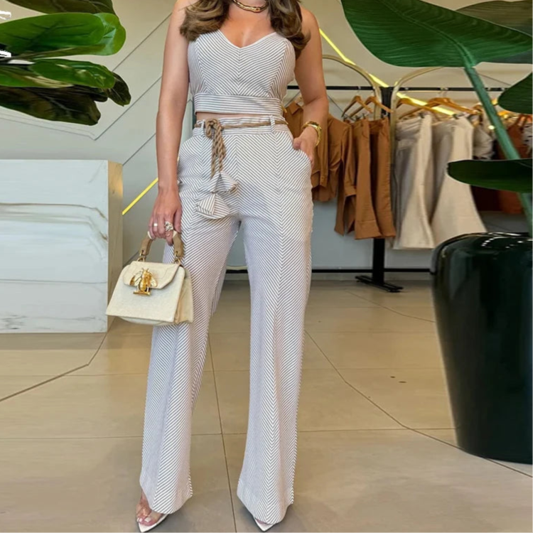 Conjunto Cropped de Alfaiataria Listrado Fellinne | Elegância Natural