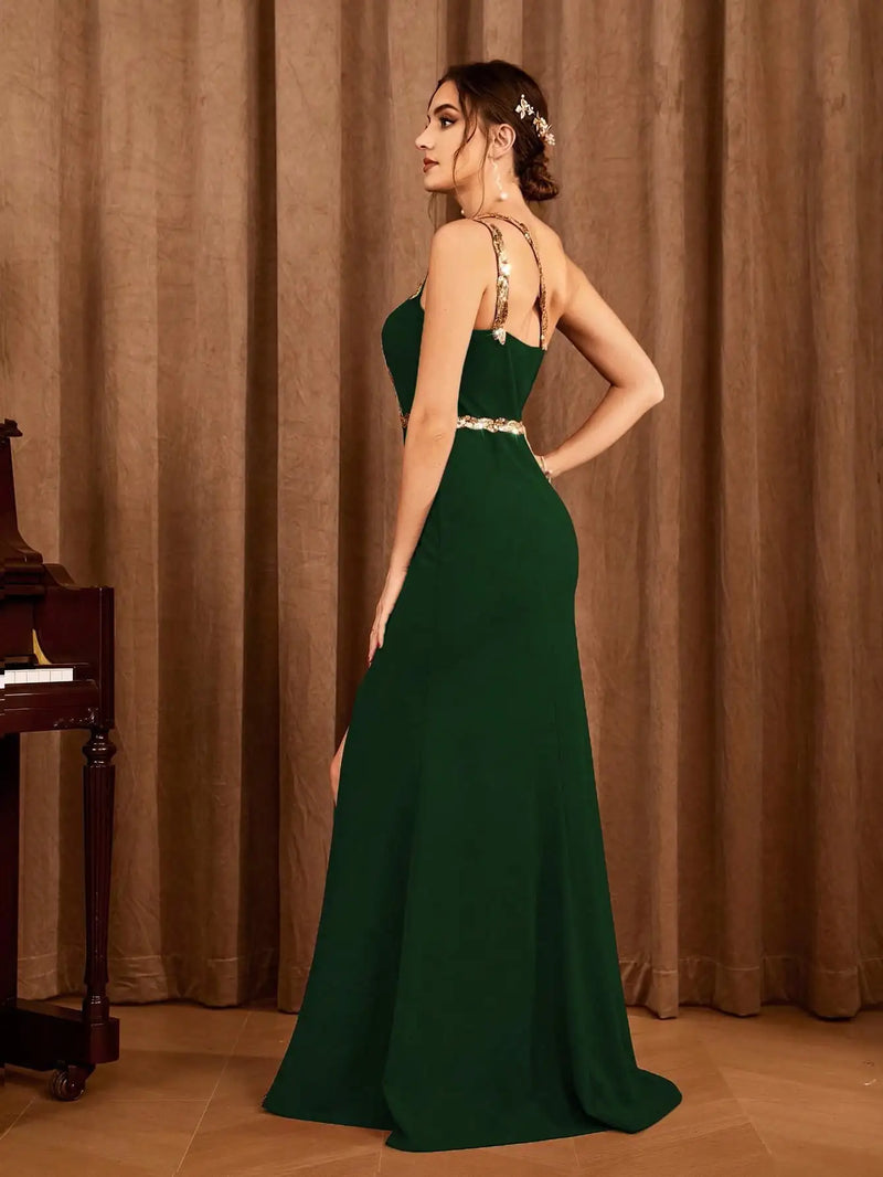 Vestido Longo Fenda Frontal com Alças Douradas Rayssa