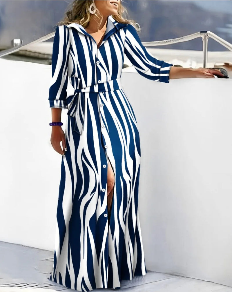 Vestido Casual Manga Longa com Botoes Frontais