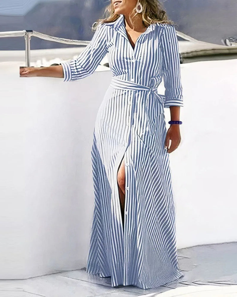 Vestido Casual Manga Longa com Botoes Frontais