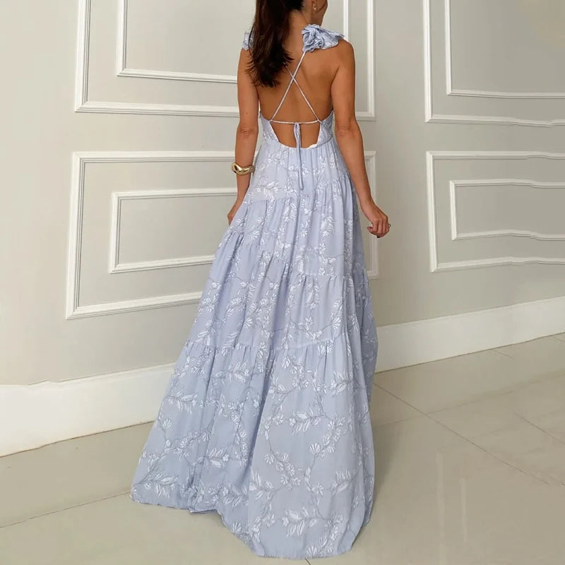 Vestido Longo Manga Pétala Costas Nuas Fellinne