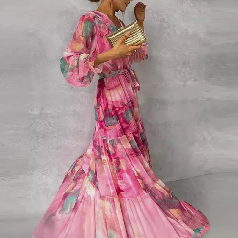 Vestido Longo Estampado Plissado Laise