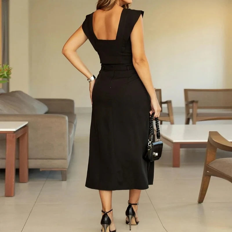 Conjunto Cropped com Manga Borboleta e Saia Midi Evasê Fellinne