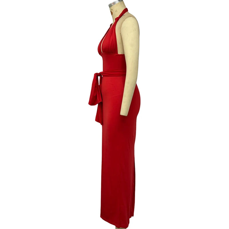 Vestido Longo Faixa na Cintura Costa Nua Tereza
