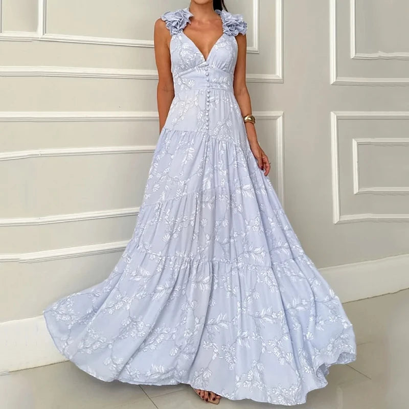 Vestido Longo Manga Pétala Costas Nuas Fellinne